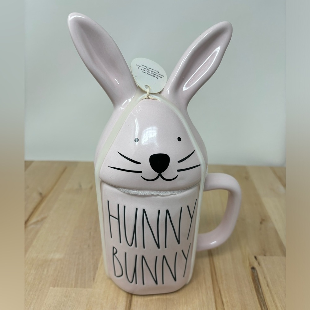 Rae Dunn HUNNY BUNNY Easter Mug Pink with Novelty Topper and Black Lettering